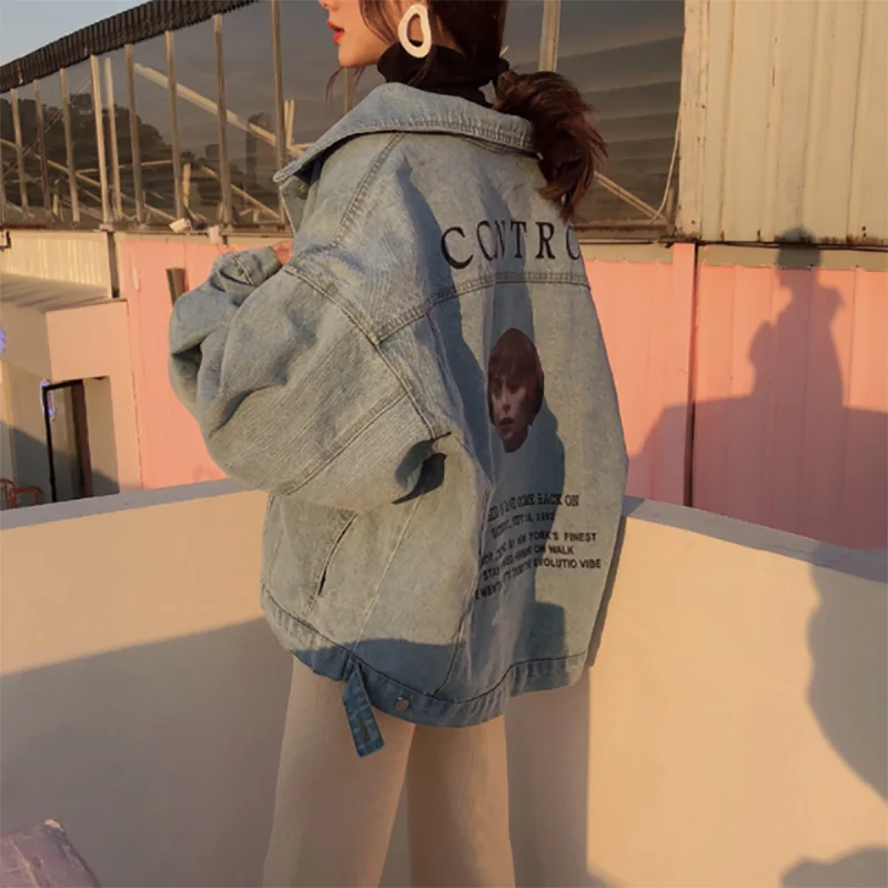 amazing  2019 Autumn Winter Women Denim Jackets Loose Retro Style Denim Jackets Fashion Polo Collar Pint Den
