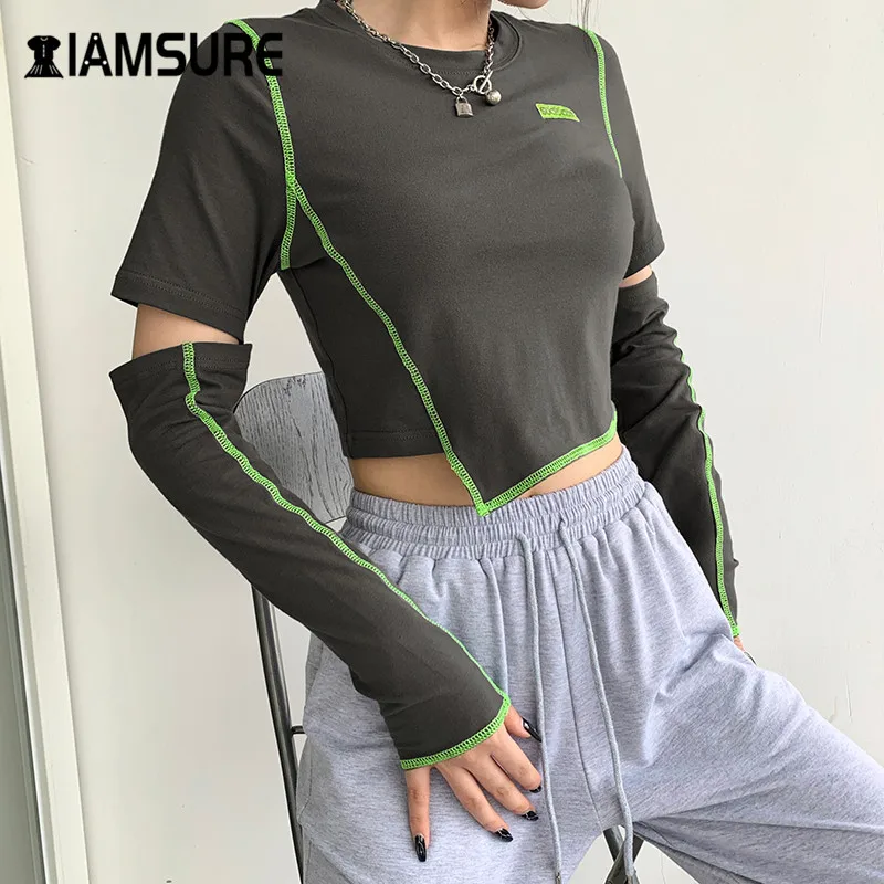 

IAMSURE 2020 Autumn Hollow Out Long Sleeve Patchwork Cropped Shirt For Women O-Neck Slim Outfit Casual Female Shirt Harajuku