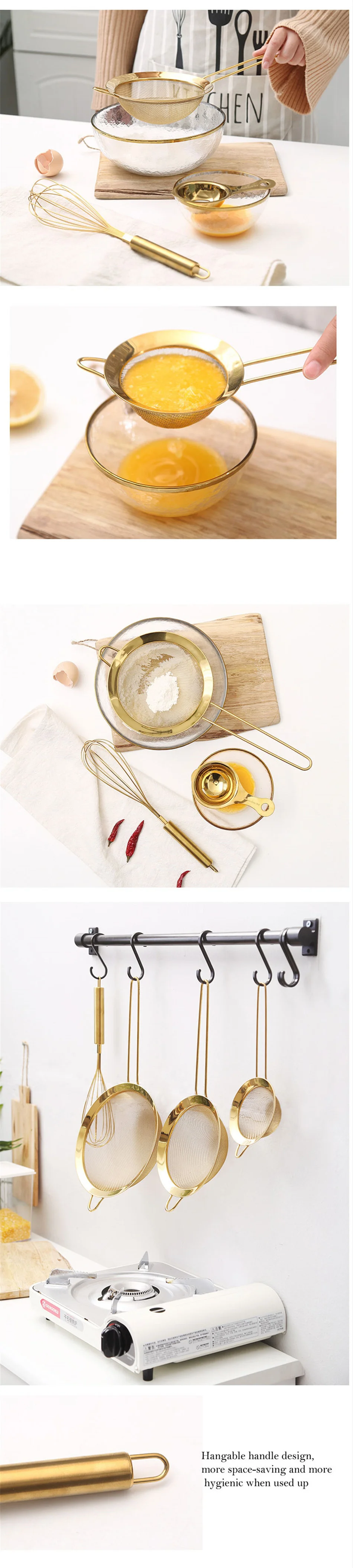 Stainless Steel Gold Mesh Egg Beater Separate Oil Strainer Flour Sifter