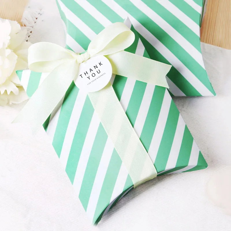 

Pillow shaped Green White Striped Candy Boxes Cookies Box Wedding Favors Bomboniere paper thanks Gift Box for guests 50pcs/lot