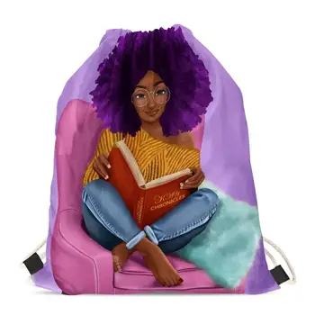 

HYCOOL Shoulder Bags for Women Lovely African Art Black Girl Read Book Print School Kids Drawstring Bag Girls Storage Backpack