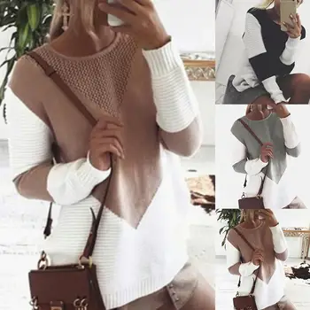 

Multicolor Autumn Winter Women Sweater O-Neck Knitted Jumper Top Loose Casual Warm Sweater Women Patchwork Knitted Sweater
