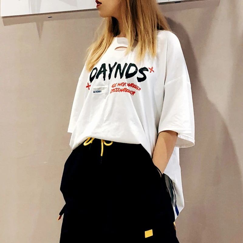 

summer t-shirt women clothes 2019 ladies tshirts cotton loose o-neck half sleeve tshirt female tees hole print ladies tops D64