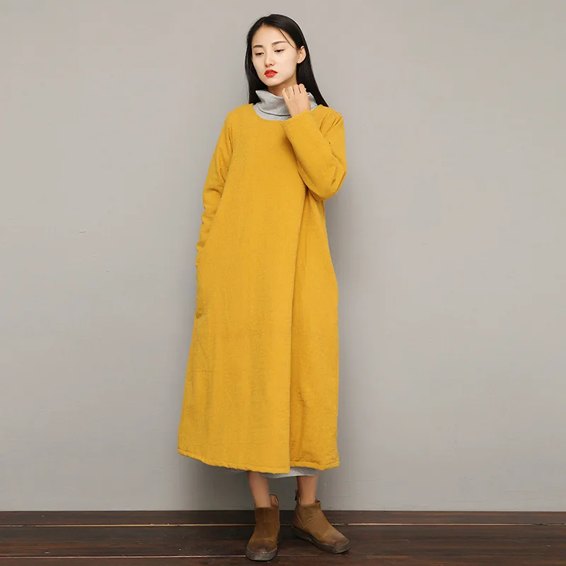 

2019 Winter Cotton Linen Cotton-padded Clothes Dress Mid-length Solid Color Thick Quilted Crew Neck Pullover Cotton-padded Jacke