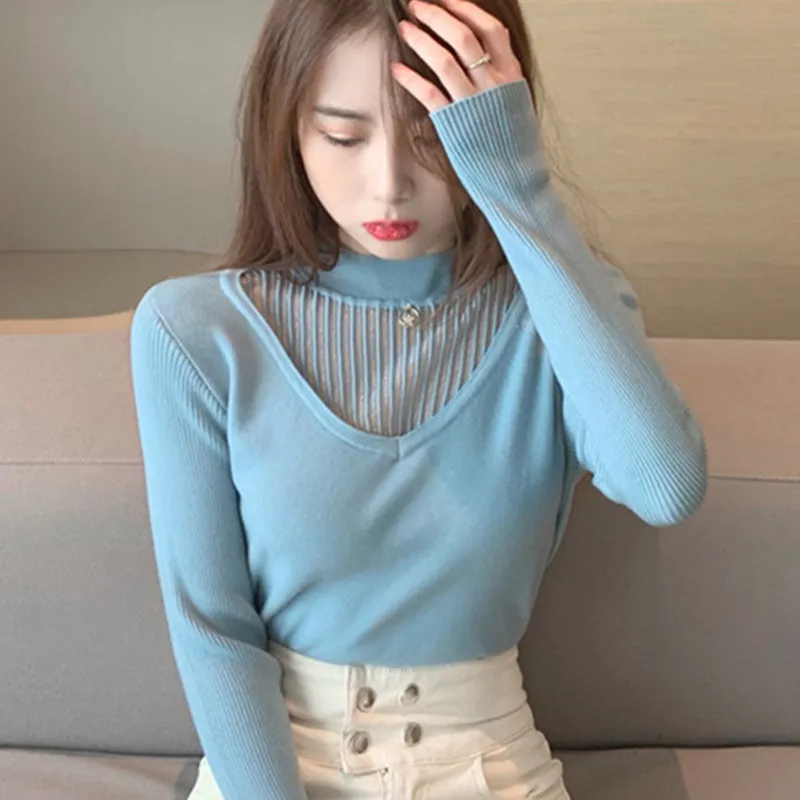 

Korean Women Sweater Woman Lace Hollow Out Sweaters Casual Woman Long Sleeve Pullovers Sweaters for Women V Neck Knitted Sweater