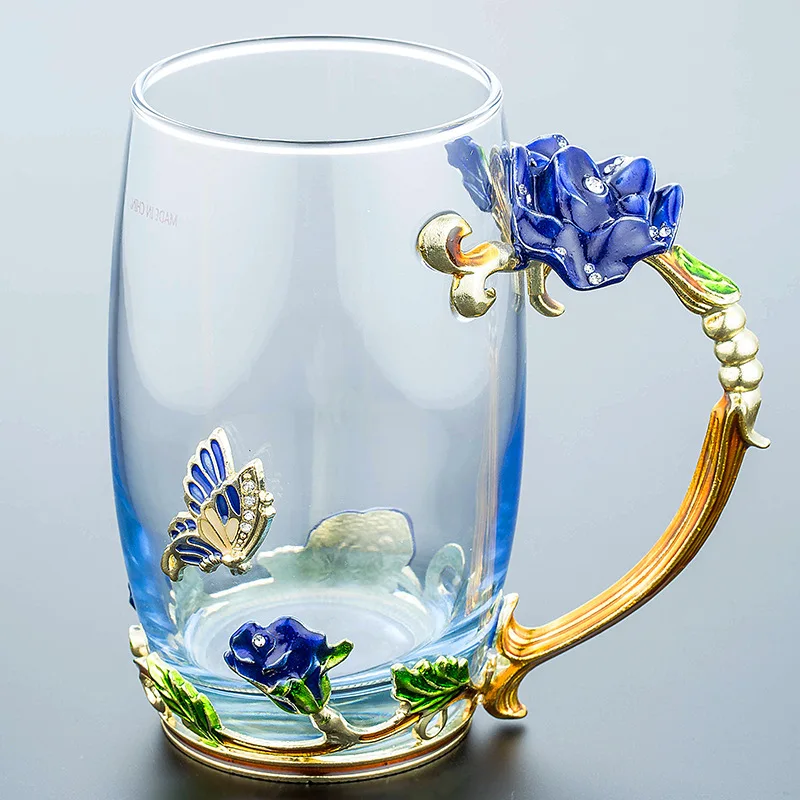 Beauty And Novelty Enamelled glass Coffee Cup Flower Tea Cups for Hot and Cold Drinks Teacup Spoon Set Perfect Fashion Gift - Цвет: Style C