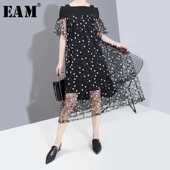 

[EAM] Women Black Pattern Mesh Two Piece Dress New Slash Neck Short Sleeve Loose Fit Fashion Tide Spring Summer 2020 1T940