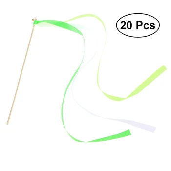 

20 pcs Ribbon Sticks Decorative Green Fairy Wedding Ribbon Streamers Wands Magic Stick Toys Party Favors with Tiny Bell
