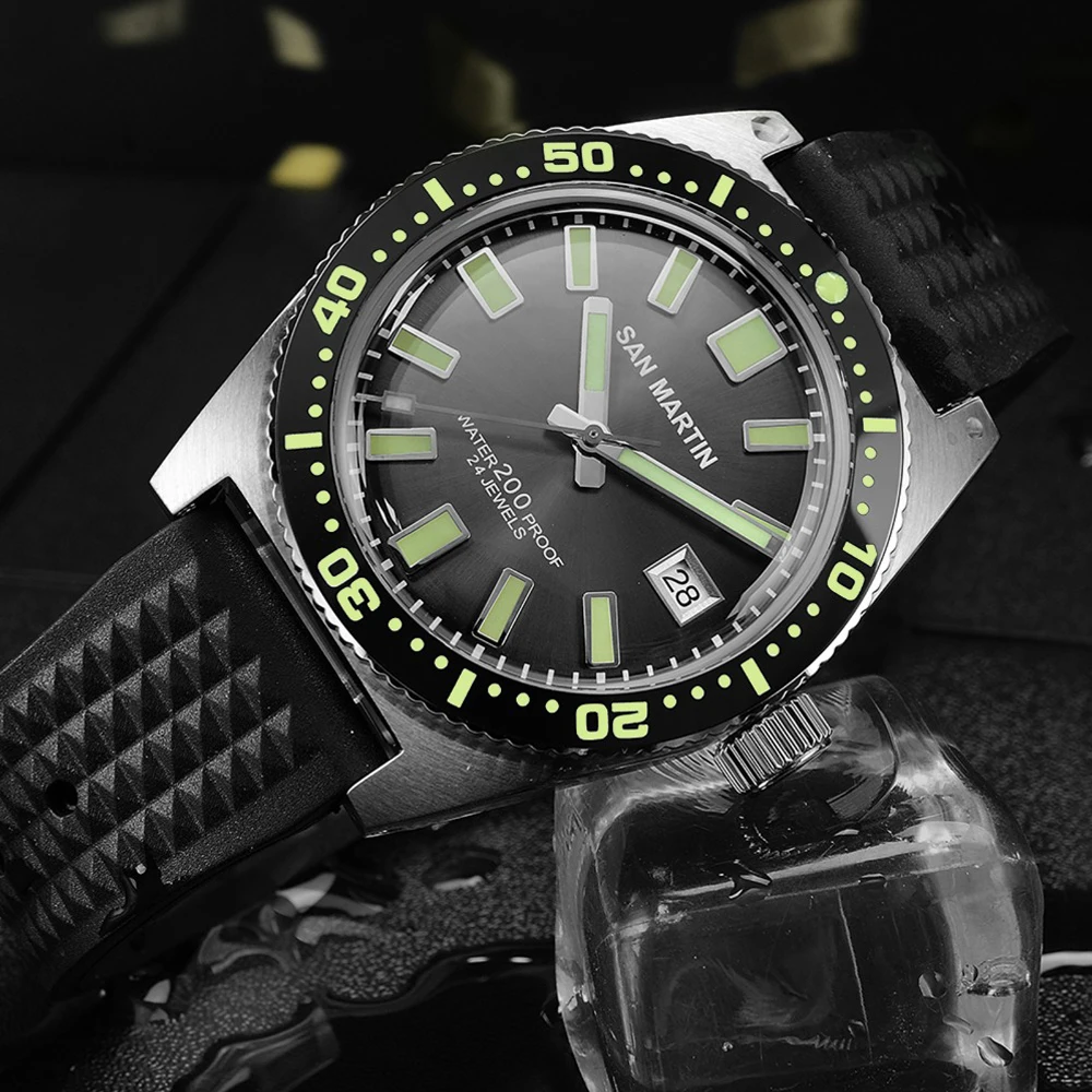 San Martin 62Mas Diver автоматические механические мужские часы NH35 нержавеющая сталь керамический ободок солнцезащитный Циферблат резиновый календарь светящийся
