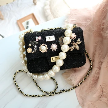 

Women Fashion Wool Handbag Diamond Pattern Pearl String Strap Crystal Artificial Flower Crossbody Shoulder Bag Lady Clutch Purse