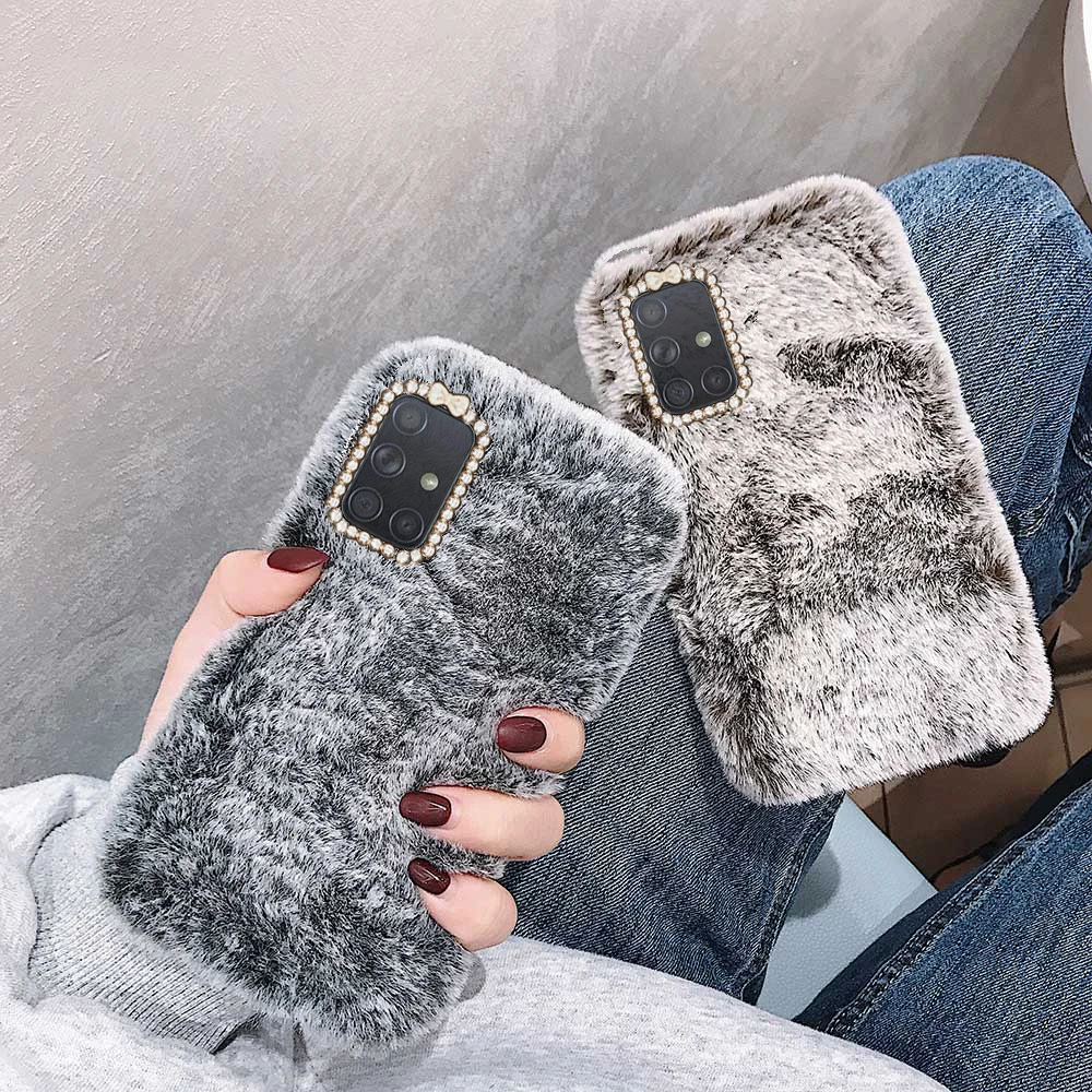 

Case For SamSung A71 Fashion lovely Plush Rabbit Winter Keep warm Phone Case For SamSung A71 A 71 A715 Shiny diamond Back Cover
