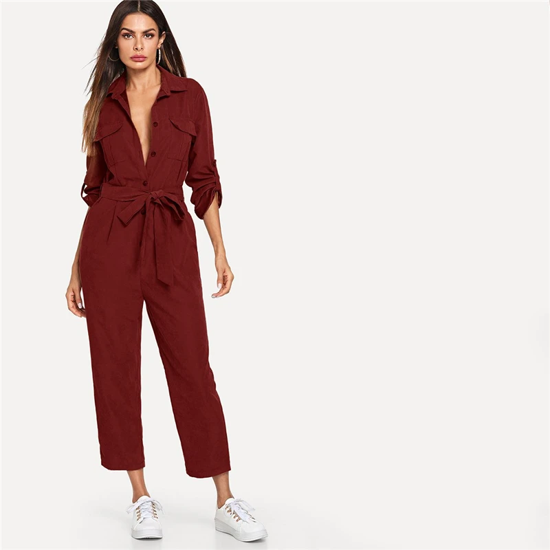 SHEIN Одноцветный Комбинезон С Оригинальным Рукавом И Поясом Повседневный Комбинезон С Длинным Рукавом