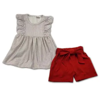 

grey stripe tunic top with red short girl cute clothing sets