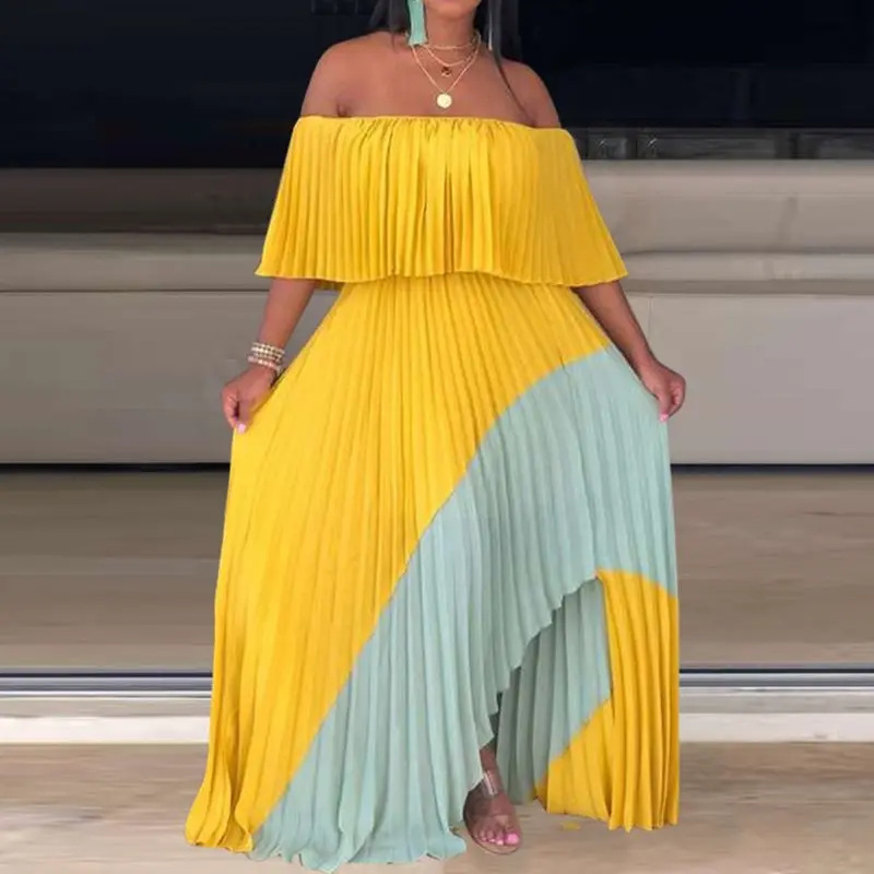 

Boho Off Shoulder Pleated Maxi Dress Women Bohemian Beach Party Long Dresses Plus Size Yellow Casual African Elegant Summer 2019