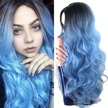

Tinashe Beauty Ombre Blue Wigs For Black Women Black Root Synthetic Hair Cosplay WIg Female For Party Middle Part Natural Wigs