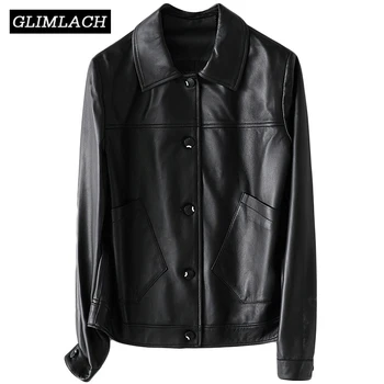 

Spring Genuine Leather Jacket With Big Pockets Women Fashion Sheepskin Real Leather Coats Black Female Single Breasted Clothes