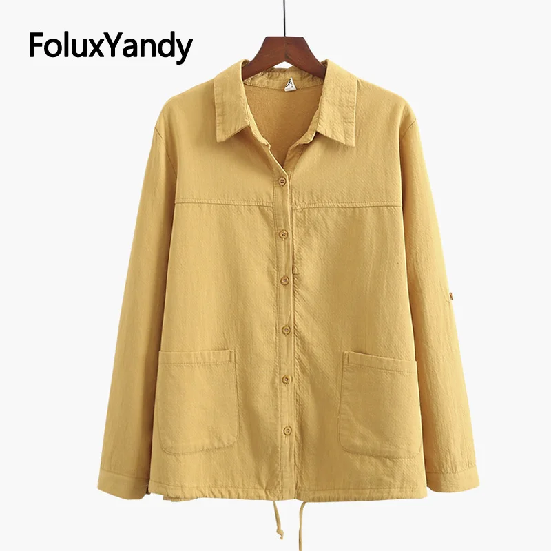 

3 Colors Casual Women's Jacket Plus Size Coats Spring Autumn Outerwear Cotton and Linen Loose Solid Long Sleeve Jacket KKFY5025