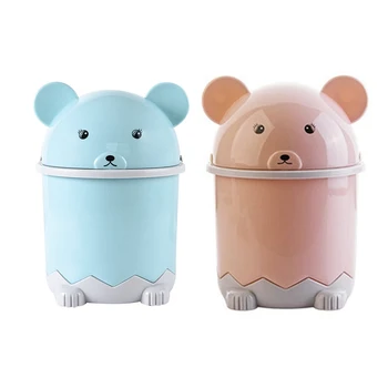 

2x Creative Cute Desktop Trash Desktop with Lid Small Paper Basket Mini Flip Plastic Trash Can Blue & Pink