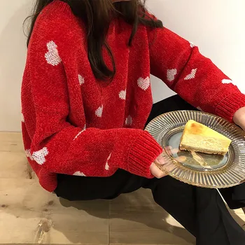 

Autumn O Neck Long Sleeve Knit Pullover Fashion Sweet Heart Shaped Pattern Loose Women Sweater