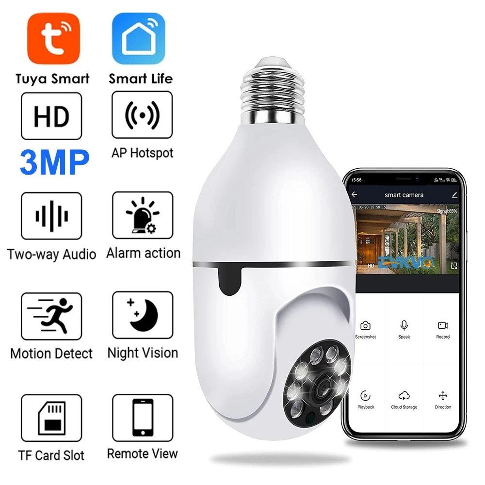 3MP 1296P Tuya APP Wireless WIFI IP Camera Smart Lamp Head E27 360 Degree PTZ Dome AI Humanoid Motion Detection | Безопасность и