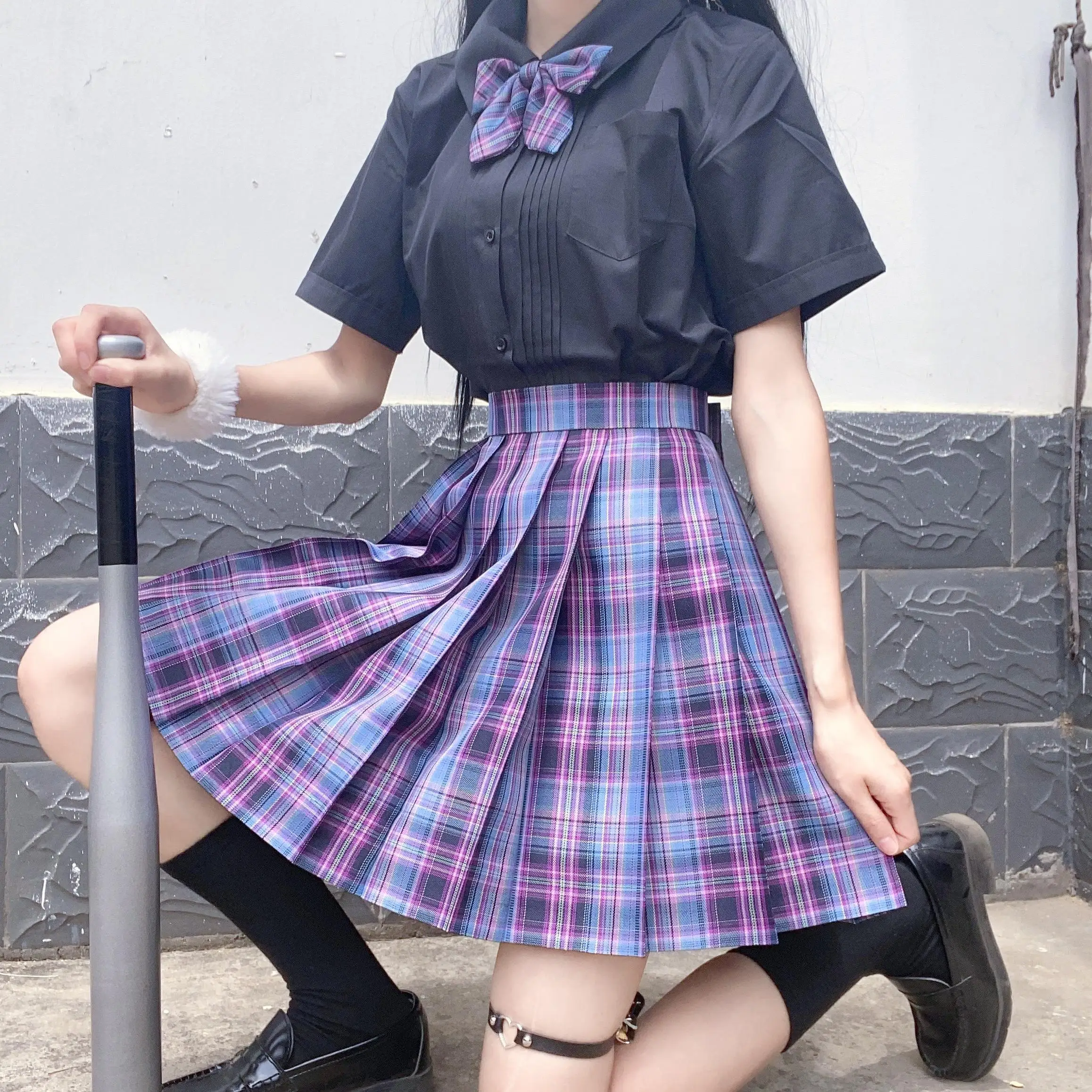 Women Purple Black Pleated Plaid Skirt ...