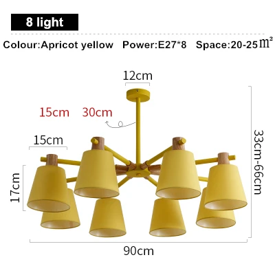 Нордическая E27 люстра, современная деревянная люстра для дома, столовой, гостиной, Подвесная лампа, железные художественные светильники - Цвет абажура: Apricot yellow 8 lig