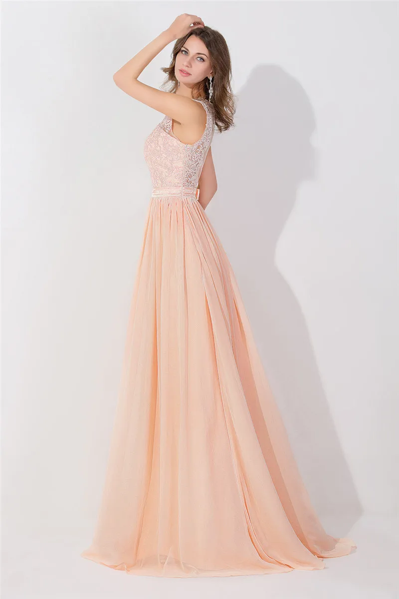 Vestido de Festa Sexy Illusion Lace Evening Dresses Long A-line Backless Evening Gowns O-neck Chiffon Robe De Soiree