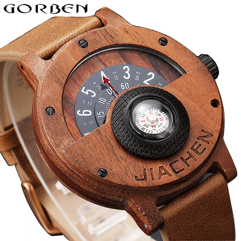 Unique Compass Turntable Number Design Mens Wooden Watch Men Brown Wood Leather Band Creative Natural Wrist Watches Relogio|Кварцевые
