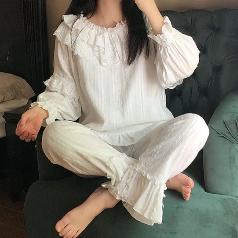 

Korean Long SleeveTrousers Sweet Princess Lace Pajamas 100% Cotton Sleepwear Women Set Loose Lounge Wear pijama feminino New