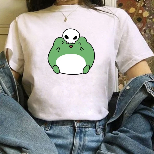 Skateboard Frog Cartoon Print Black Women T shirt Girl Harajuku Graphic Tee Y2k Top Aesthetic Clothes Vintage Shirt,Dropship P8456B
