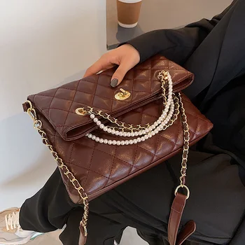 

Pearl Belt Design Fold PU Leather Crossbody Bags for Women 2021 Luxury Handbags and Purses Female Travel Trend Lux Shoulder Bag