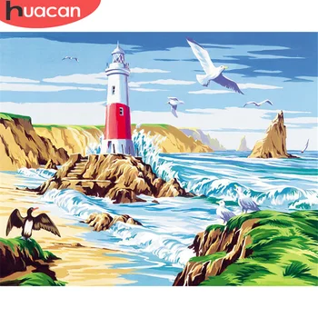 

HUACAN DIY Painting By Numbers Tower Pictures By Number Seascape Kits Hand Painted Paintings Art Drawing On Canvas Home Decor