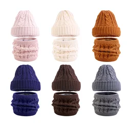 Unisex Cable Knit Double Layer Beanie Hat And Elastic Neck Warmer Scarf Plus Lining Winter Thick Keep Warm 2 Pieces Suit