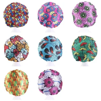 

African Printed Satin Round Hair Cap Wide-Brim Elastic Night Wash Shower Hat Styling Accessories Caring Bonnet Fashion