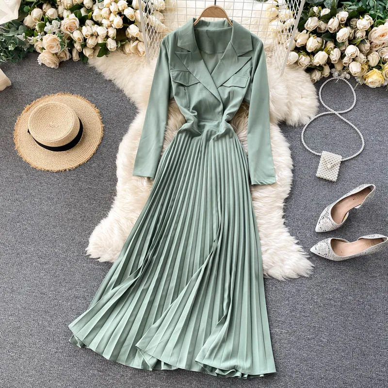 

Spring And Autumn Retro Dress Women V-Neck Long-Sleeved Slimming Pleated Commuter All-Match Lady