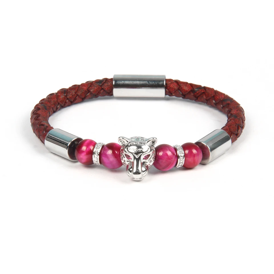 Ailatu New Pink Cz Eye Panther Bracelets Stainless Steel Clasp Red Cowhide Leather Leopard Bracelet Top Quality