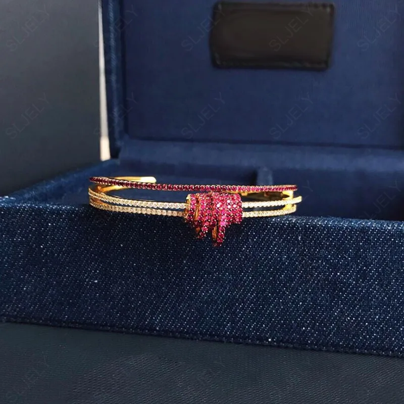 

SLJELY Luxury Yellow Gold Color 925 Sterling Silver Red Sliding Multi Hoop Open Cuff Bracelet Pave Zircon CZ Bangle for Women