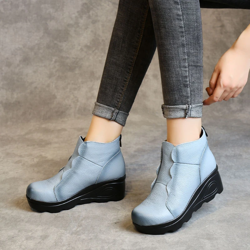 Zapatos elegantes de tacón de cuña mujer, Botines de cuero genuino azul de diseñador, botas cómodas piel de para mamá|Botas hasta el tobillo| -