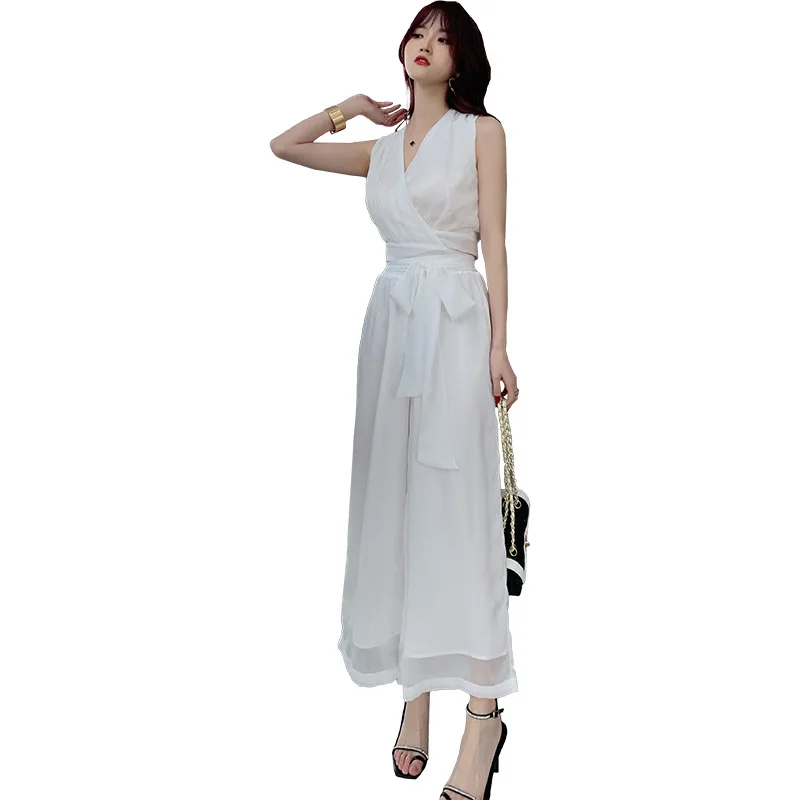 2022 Summer 2 Piece Set Chiffon Women Suit Elegant Party V Neck Sashes Short Tops and Long Wide Leg Pants Set Two Piece Suit