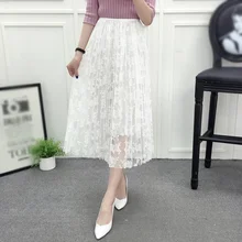 Новинка, Цветочная вышивка, трапециевидная юбка-пачка, кружевная сетчатая юбка, женская элегантная фатиновая длинная, Женские Плиссированные Юбки миди юбка лето