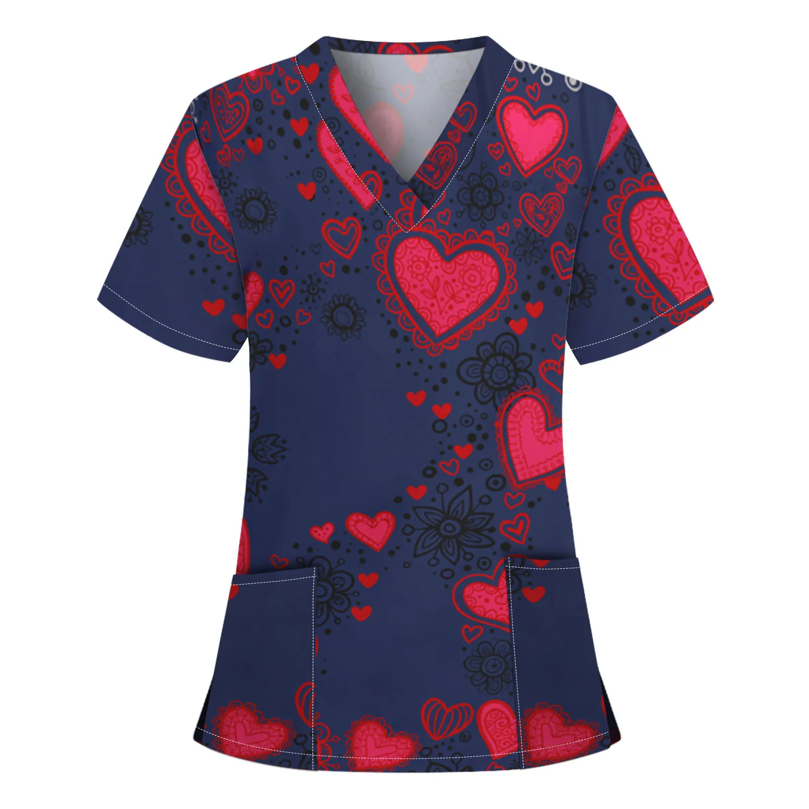 Heart Print Women's T-shirts Sexy V-neck Tops Short Sleeve Working Shirts Valentine's Day T-shirt Woman Tshirts Женские