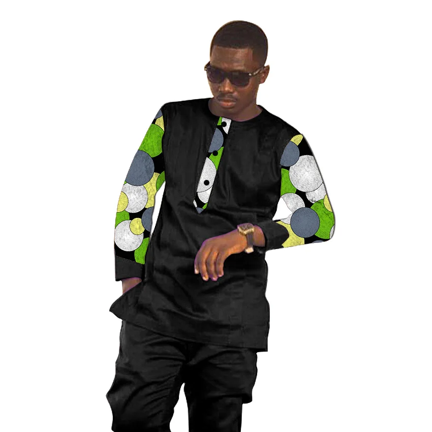 

African Print Men's Pant Sets Dashiki Fashion Patchwork Tops With Black Trouser 2 Pieces Custom Made Men's Ankara Outfit
