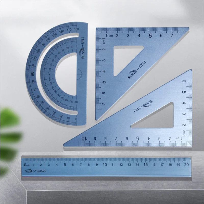 4Pcs/Set Aluminum Ruler Set Metal Right Triangle Ruler Geometry Mathematics Drawing Stationery School Student Gift