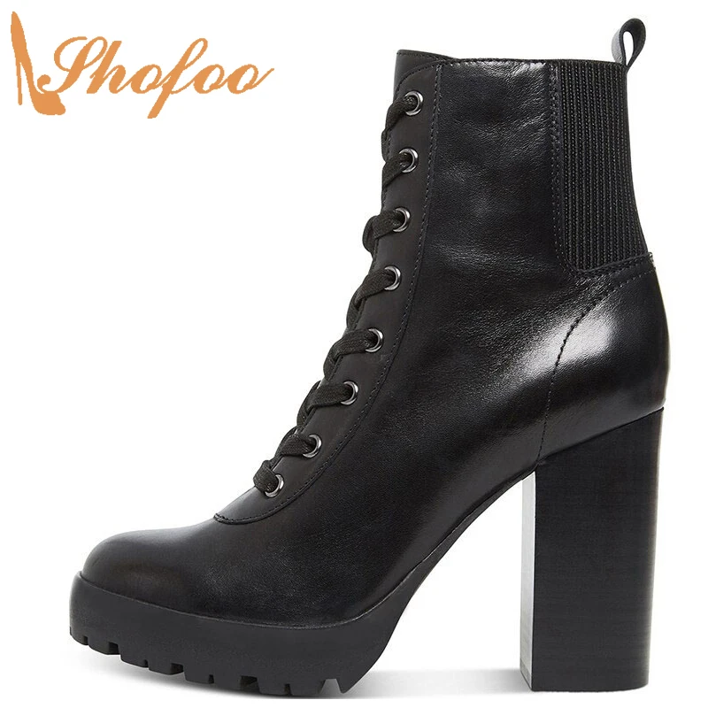 Black High Chunky Heels Ankle Boots Woman Round Toe Lace Up Zipper Booties Big Size 13 16 Lady Retro Patent Leather Shoes Shofoo | Обувь