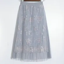 Женская плиссированная длинная Пышная юбка из тюля для девочек с высокой талией, кружевная юбка с цветочной вышивкой