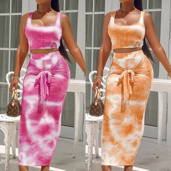 

Women's Tie-dye 2Pieces Sets Summer Boho Casual Sleeveless Bloom Crop Top Party Beach Sets