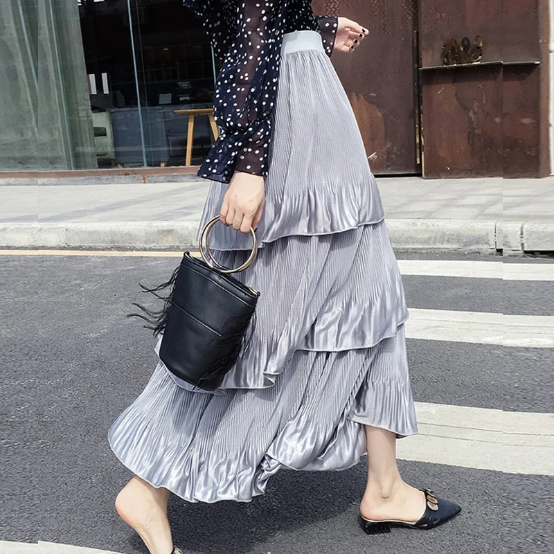 

2020 New Spring Female Silk Touch Multi-layered Cakee Maxi Long Skirts Elastic Waist Pleated A-line Tiered Ankle Long Skirts