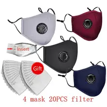 20 pces filtro + 4 pces máscara facial anti-poluição pm2.5 filtro máscaras de poeira lavável unisex máscaras de algodão reutilizáveis