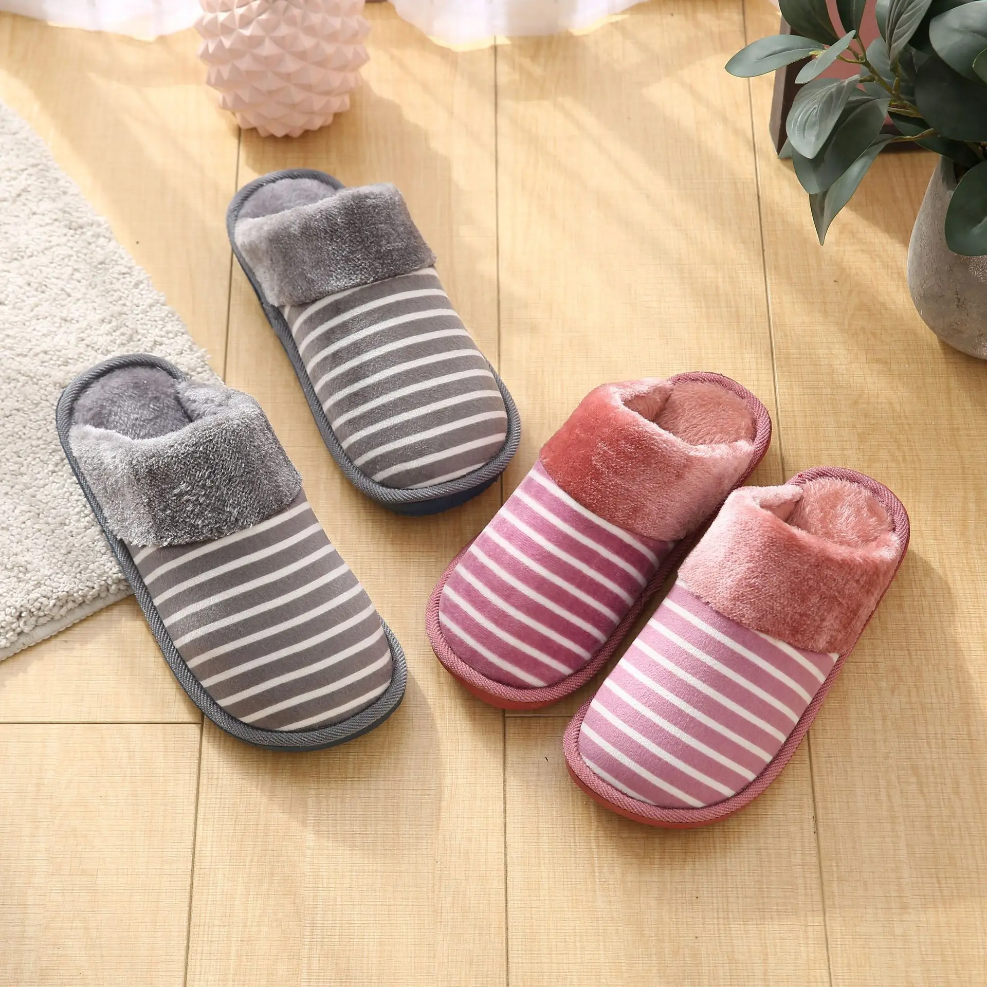 

Autumn & Winter Warm Thick Bottom Anti-slip Horizontal Stripes Cotton Slippers Home Indoor Time of Childbirth Wool Sleeper