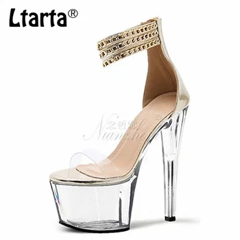 

LTARTA 13cm Heels Super High Heel Open Toe Metal Chain Transparent Crystal Waterproof Platform Stage Women's Sandals LYP